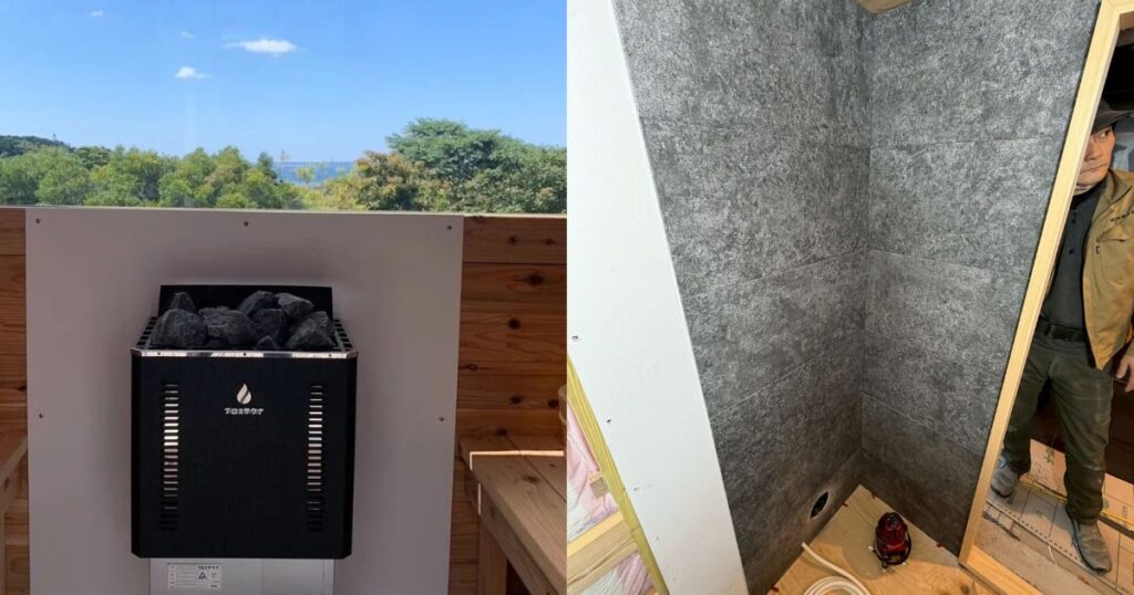 サウナストーブ背面不燃材とストーブ周りの不燃材処理