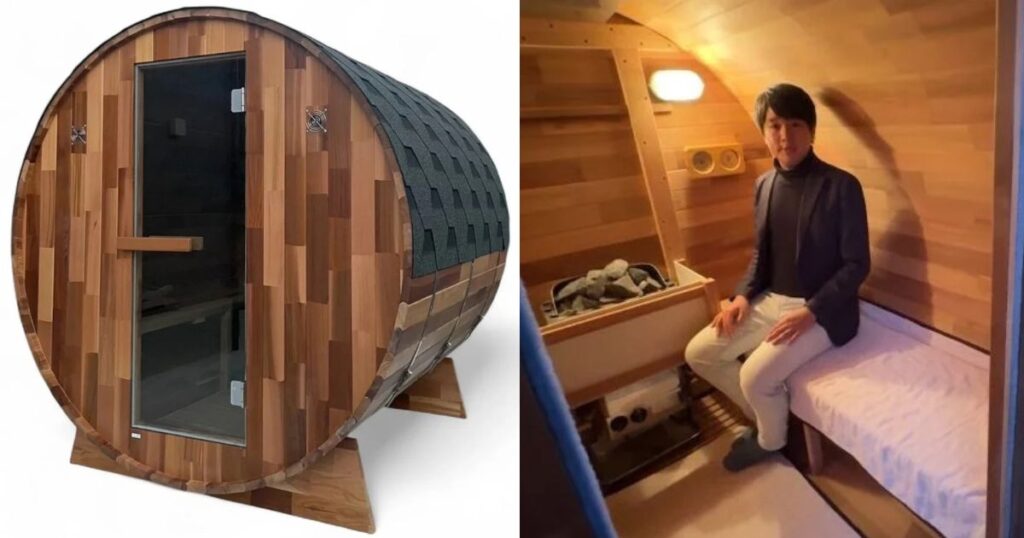 直径1.8m×奥行1.8mのバレルサウナに普通体型の男性が一人入った様子