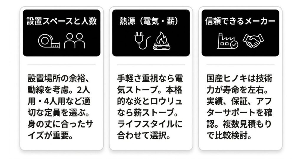 後悔しないためのヒノキ製バレルサウナの選び方3つのポイント