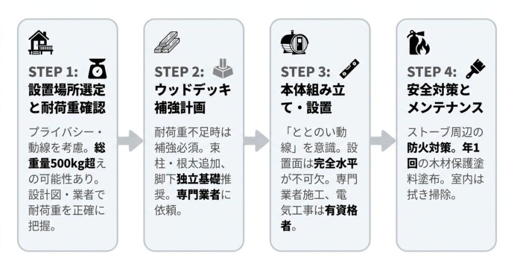 ウッドデッキにバレルサウナを安全に設置する全4ステップ